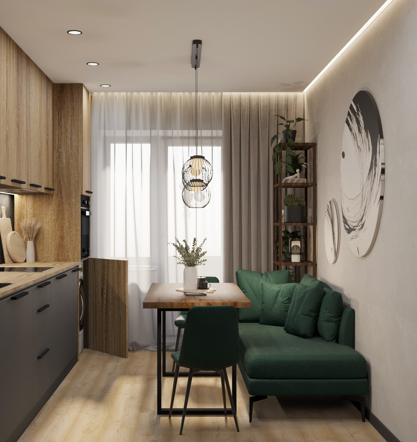 Кухня из натуральных материалов и ярким зеленым диваном
