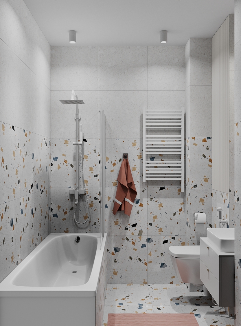 Светлая ванная с использованием плитки терраццо и душевой лейкой