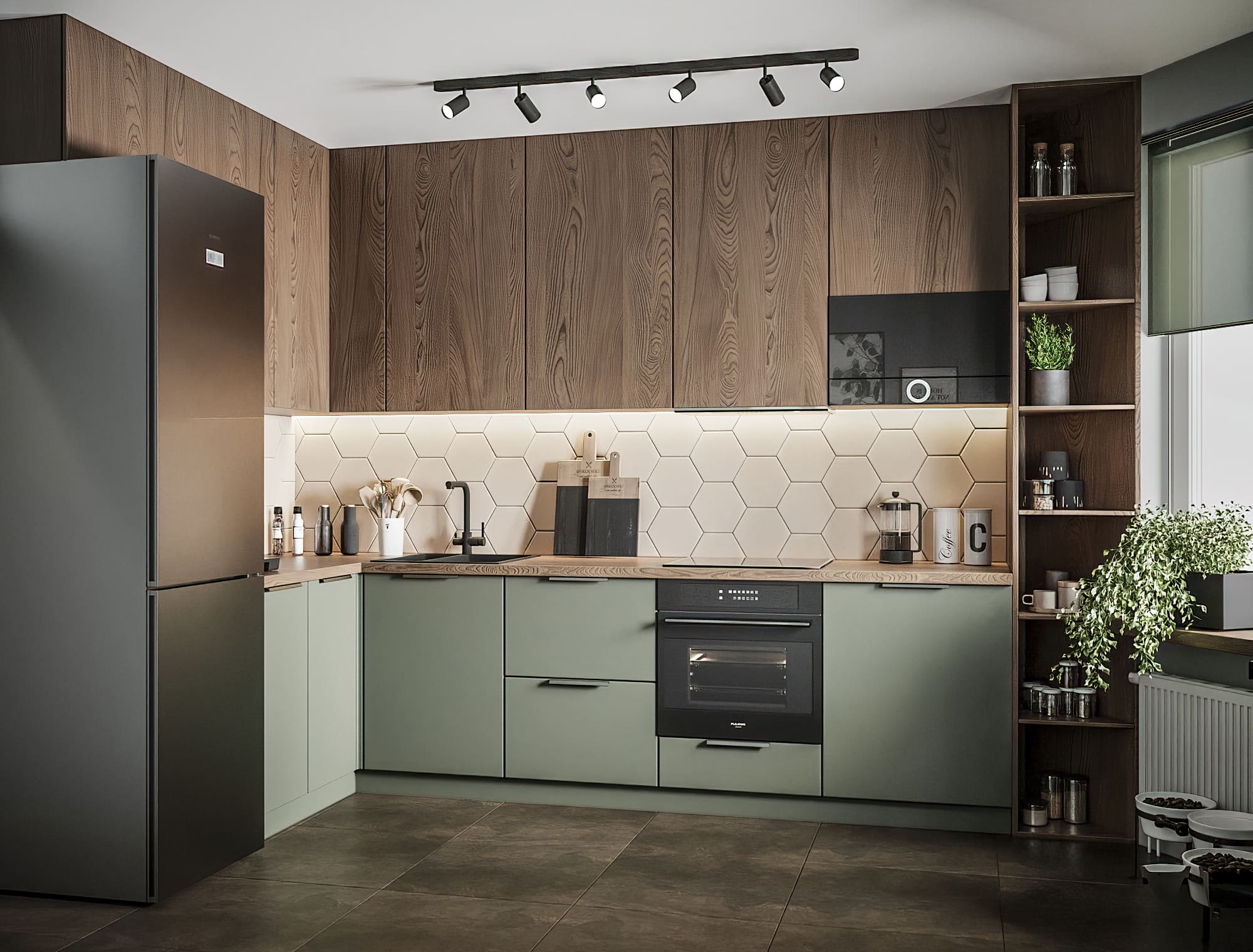 Кухня с сочетанием древесного и оливкового оттенков с точечными светильниками на потолке и полом из плитки с текстурой дерева