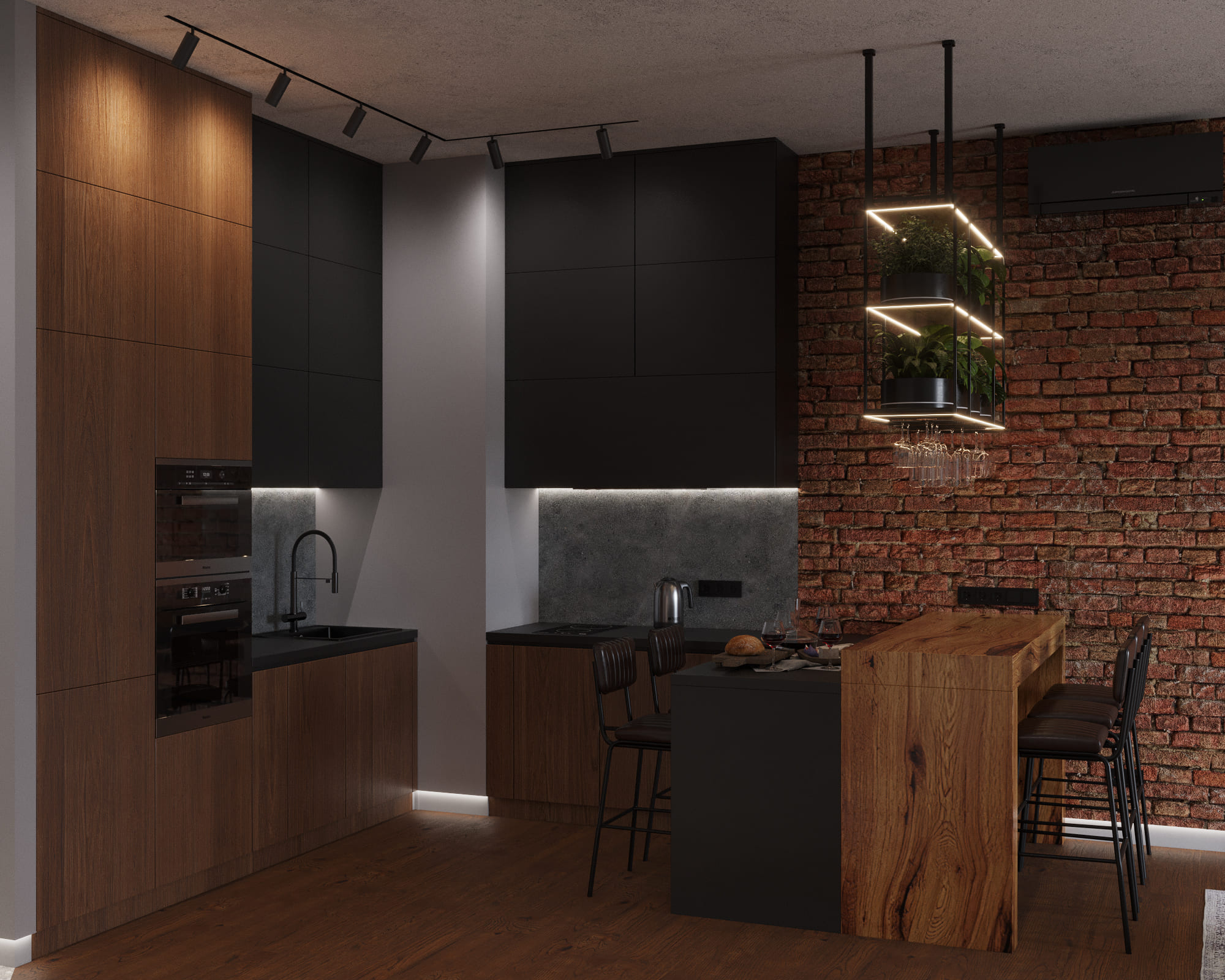 Кухня с черными матовыми фасадами и встроенным освещением 