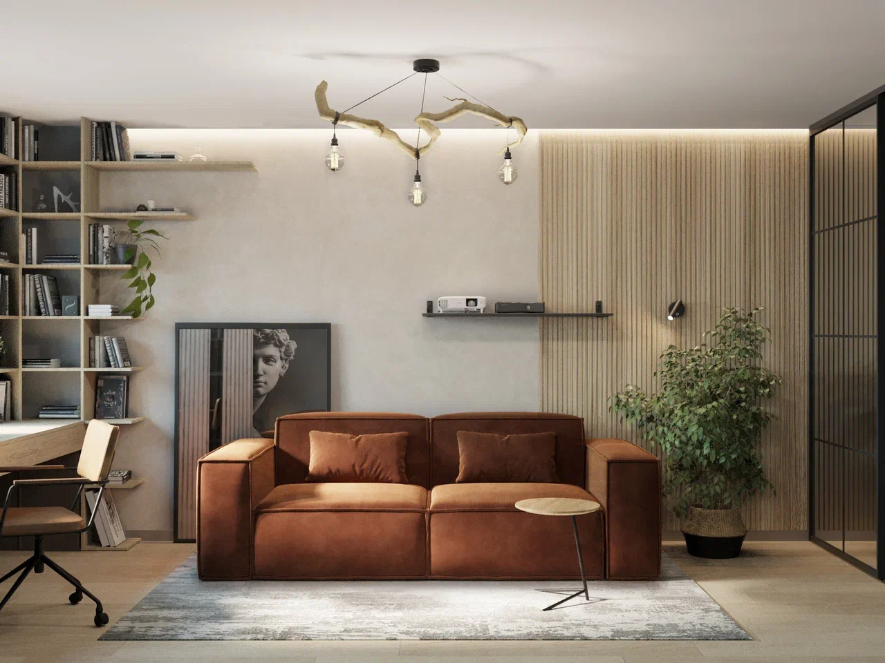 Гостиная с мягким коричневым диваном и рабочей зоной у окна с открытыми полками