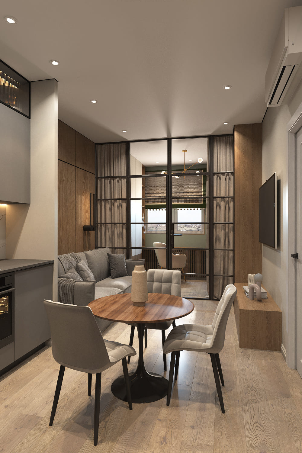 Кухня-гостиная в нейтральных тонах с акцентом в декоре и мебели