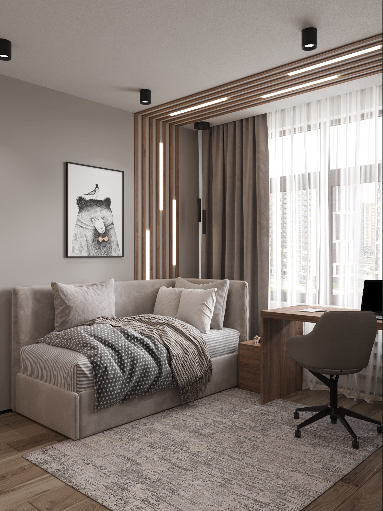 Детская комната в светлых бежево-коричневых тонах 