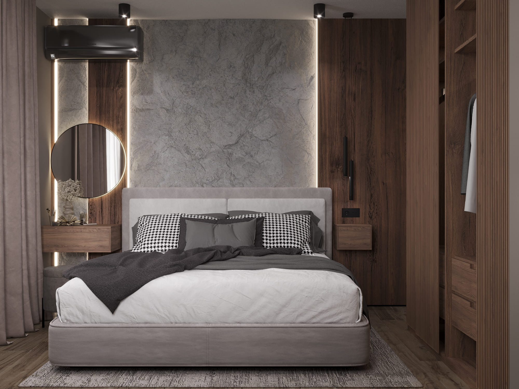 Спальня с текстурной акцентной стеной и деревянными панелями