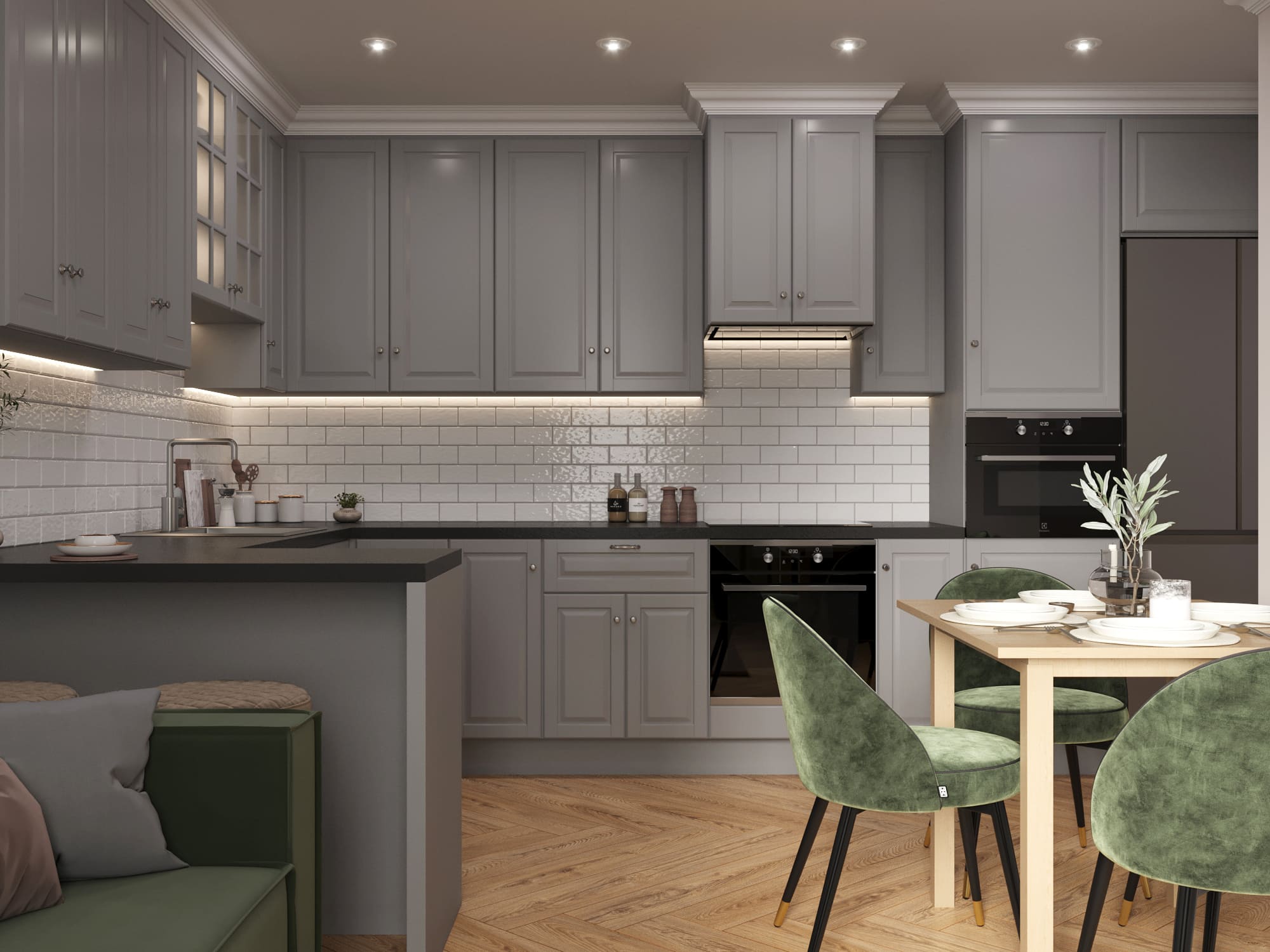 Кухня в серых оттенках с фартуком под кирпич и акцентным зеленым цветом в мебели
