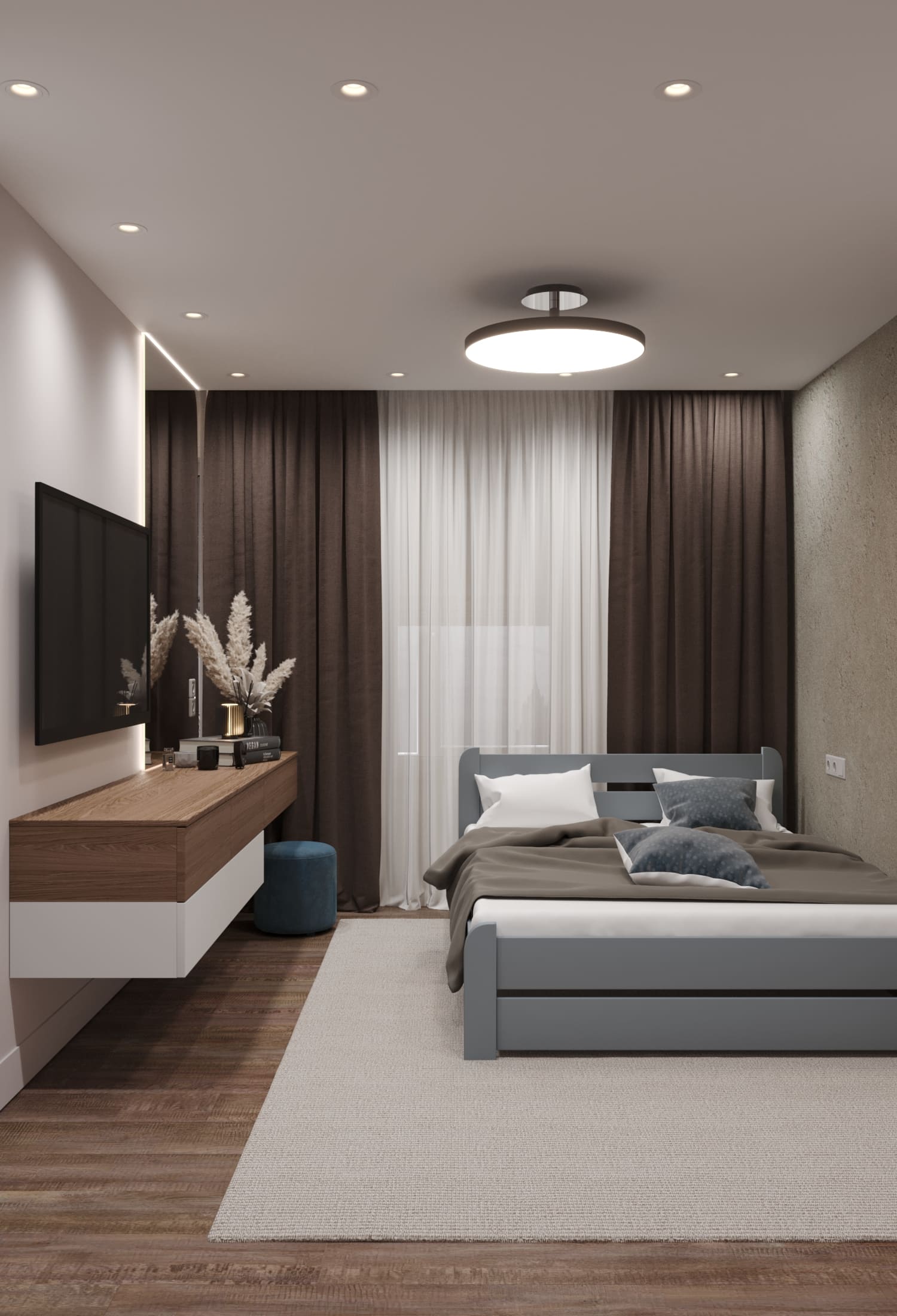 Спальня в бежевых тонах с акцентами на коричневый цвет и мягкой серой кроватью