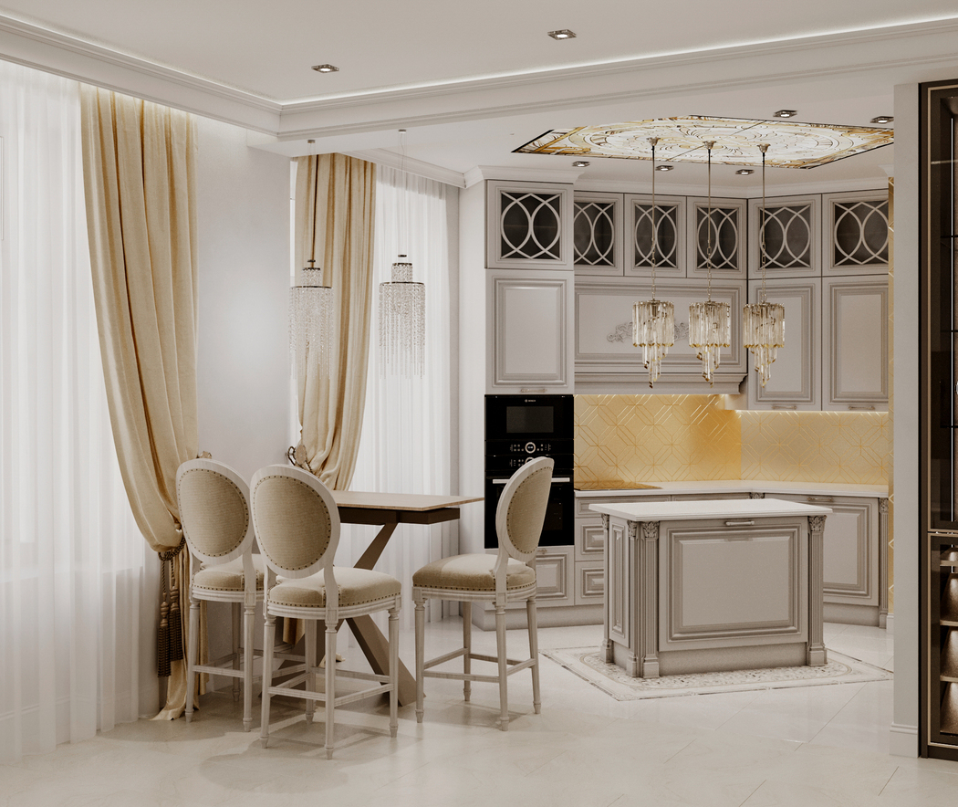Классическая кухня с обеденной зоной и островом в центре