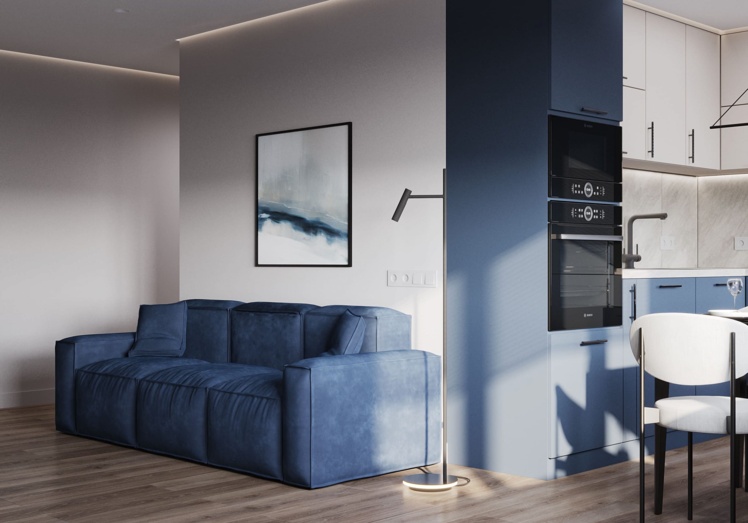 Кухня-гостиная в светло-серых тонах с ярким акцентом насыщенного синего цвета