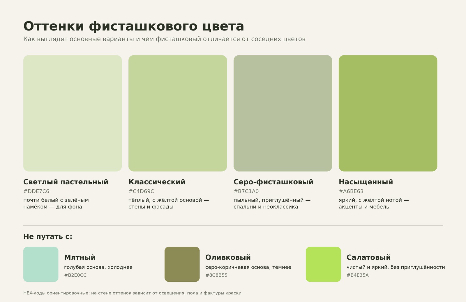 Палитра оттенков фисташкового цвета для интерьера